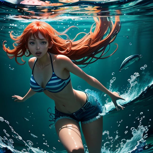 a woman in a bikini swims under water with a fish in her hand and a fish in her mouth