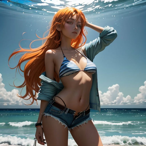 a woman in a bikini standing on a beach next to the ocean with a handbag in her other hand