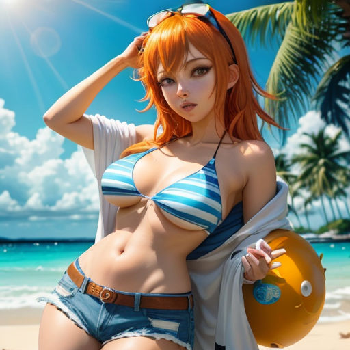 a woman in a bikini and a life preserver on a beach with palm trees in the background and a blue sky