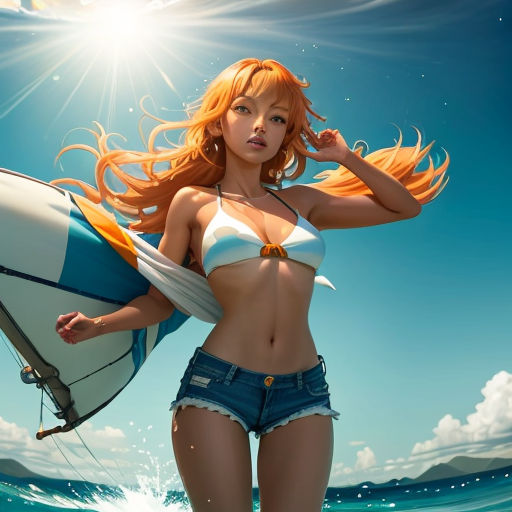a woman in a bikini holding a surfboard in the ocean with a sailboat in the background and a sun shining