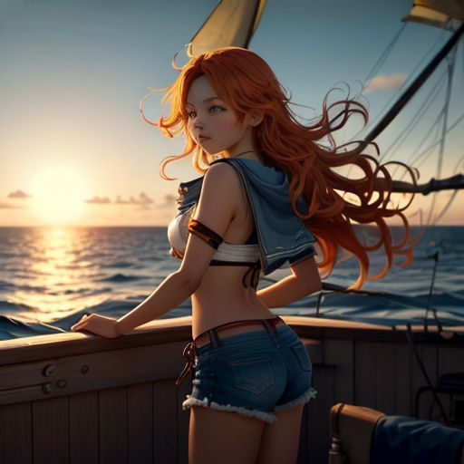 a woman in a bikini standing on a boat in the ocean at sunset with her hair blowing in the wind