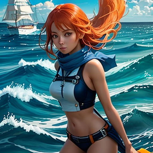 a woman in a bikini standing on a surfboard in the ocean with a sailboat in the background
