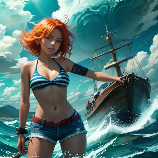 a girl in a bikini standing in the water next to a boat in the ocean with a pirate ship in the background