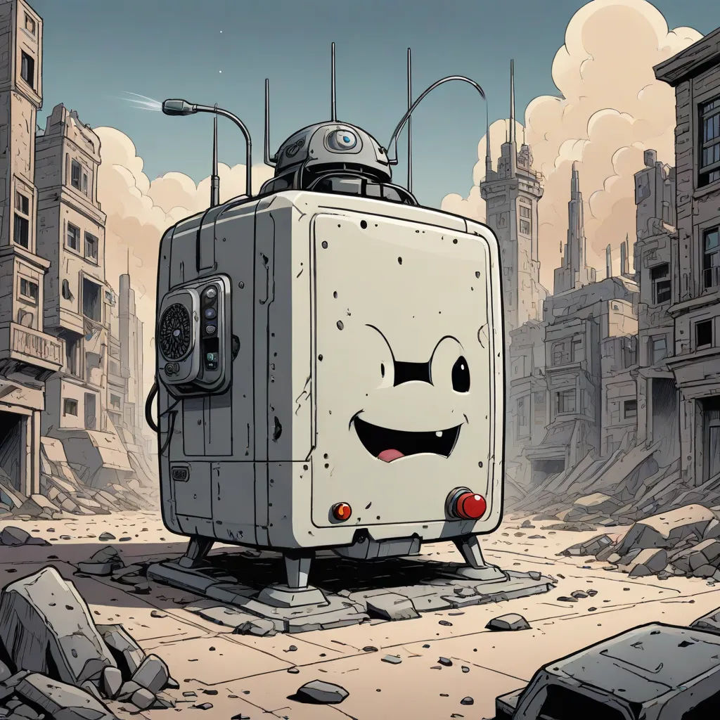 a robot with a face and eyes standing in a dirty city street with buildings and debris around it,, Chris LaBrooy, les automatistes, a character portrait, robot