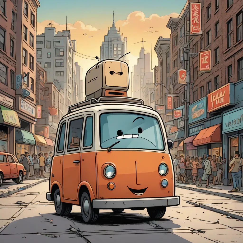 a cartoon van with a suitcase on top of it's head driving down a city street with people, Chris LaBrooy, les automatistes, a comic book panel, promotional image