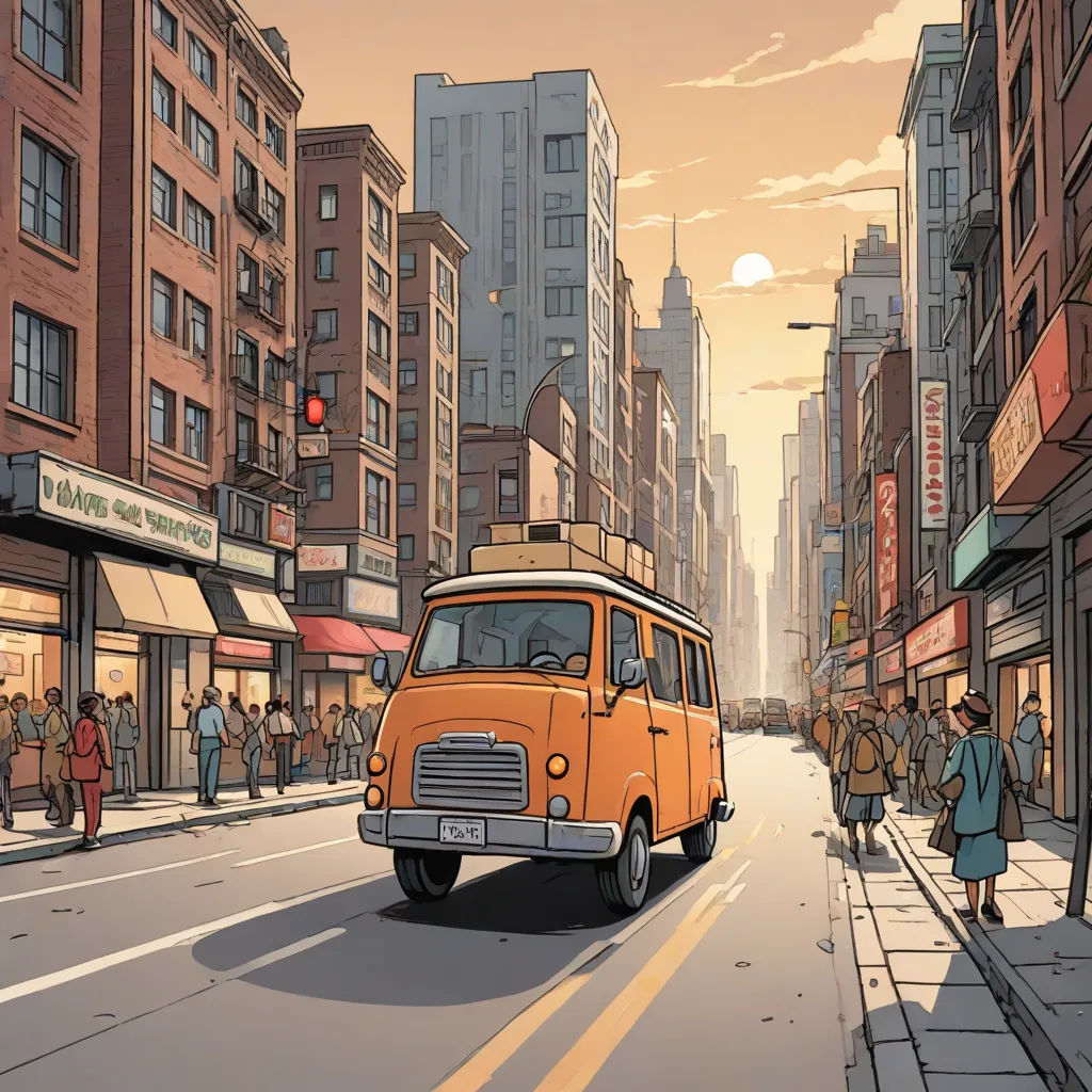 a van is driving down a city street with people walking on the sidewalk and a building in the background, Chris Ware, american scene painting, a comic book panel, city background
