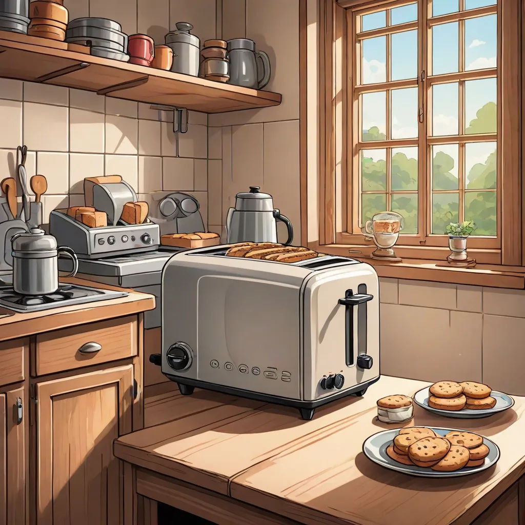 a toaster oven sitting on top of a wooden counter next to a plate of cookies and a plate of cookies, Anne Said, american scene painting, a detailed painting, official art