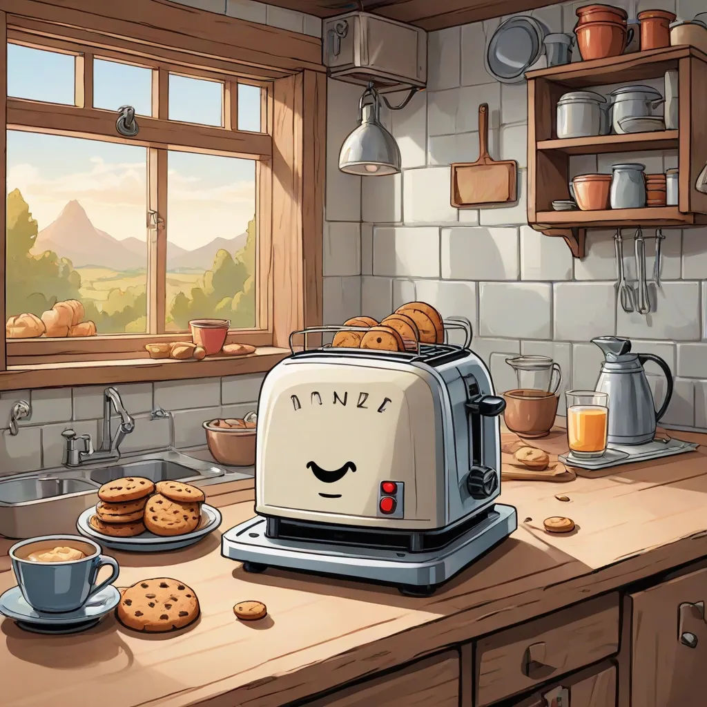 a toaster sitting on top of a kitchen counter next to a plate of cookies and a cup of coffee, Evgeny Lushpin, symbolism, concept art, official art