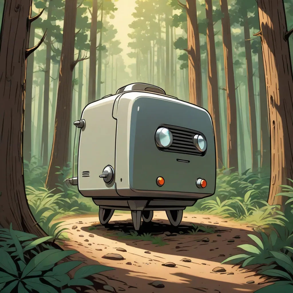 a small camper is parked in the middle of a forest with a trail leading to it and a light shining on the trees, Asaf Hanuka, les automatistes, a comic book panel, ghibli