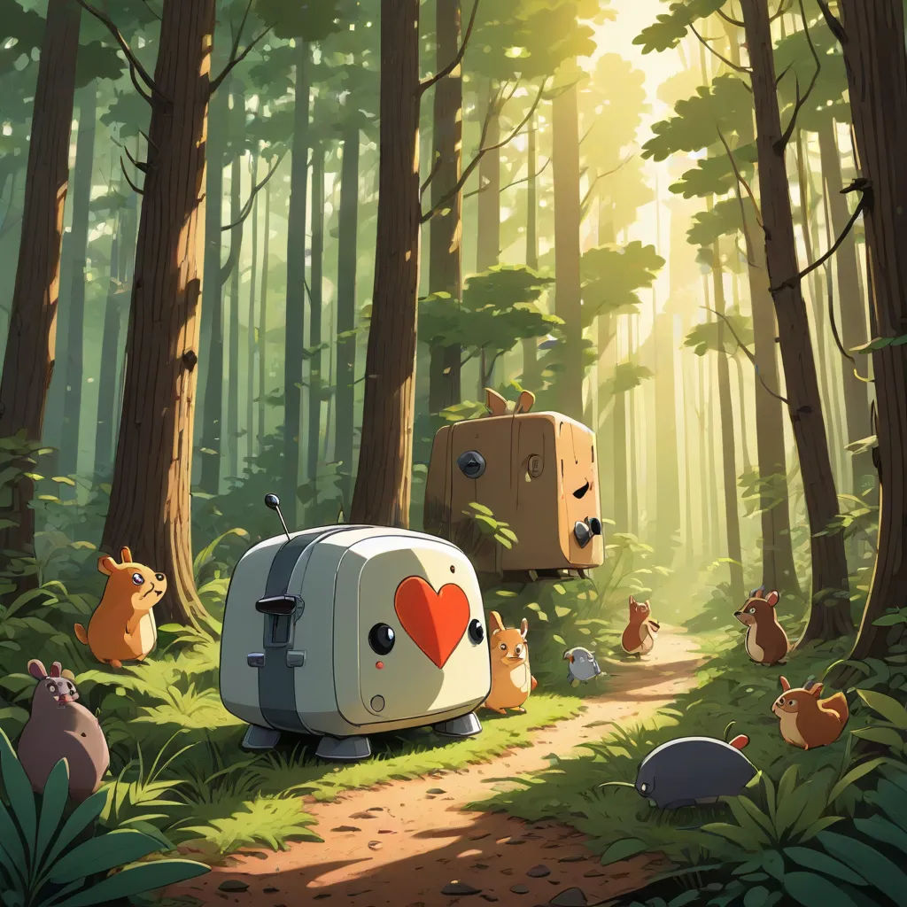 a couple of animals that are in the woods together with a heart on their chest and a suitcase in the woods, Chris LaBrooy, environmental art, a storybook illustration, rossdraws global illumination