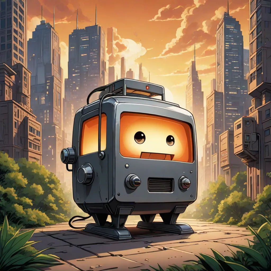 a cartoon character is standing in front of a cityscape with a tv on it's head, Cedric Seaut (Keos Masons), cubo-futurism, an airbrush painting, 2 d game art