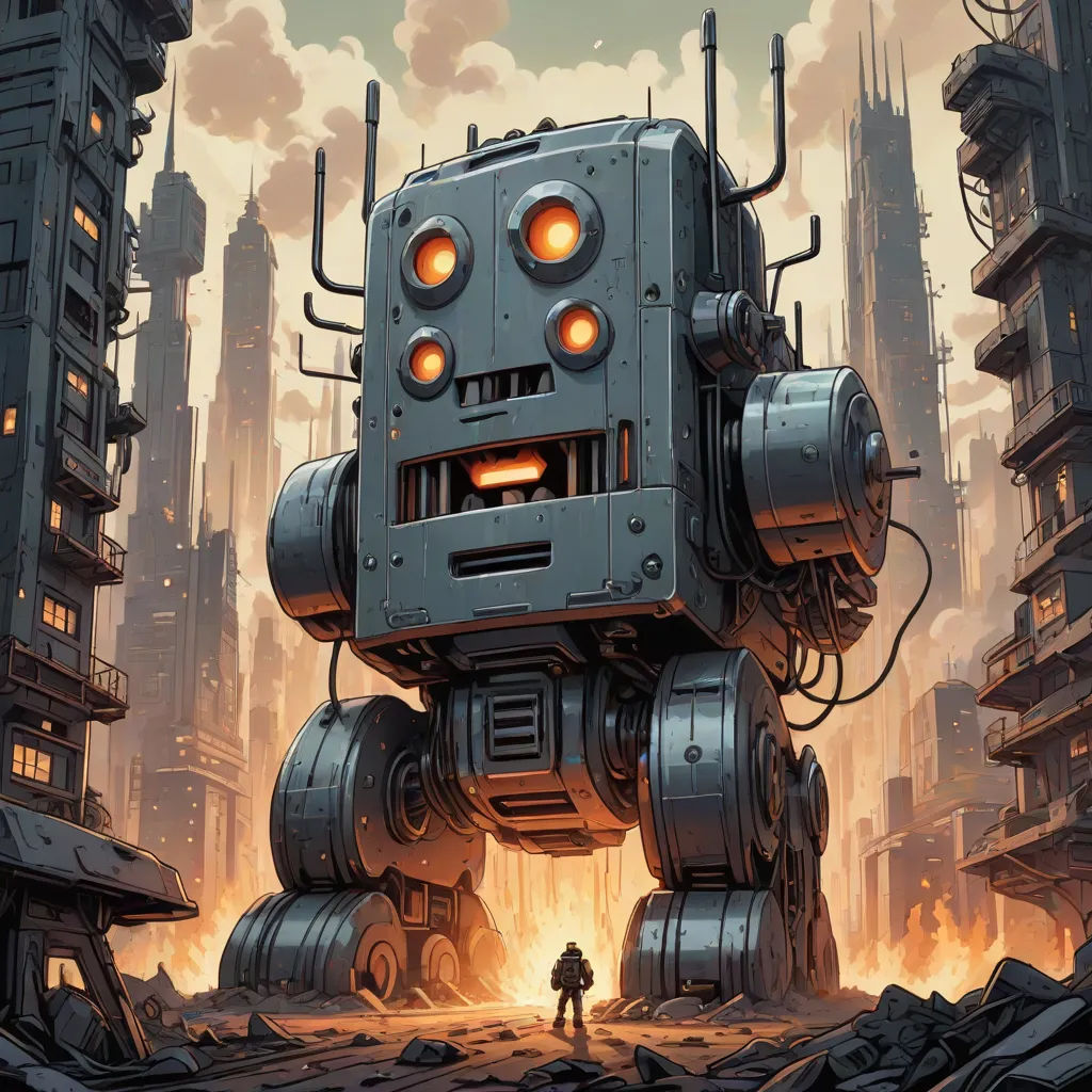 a robot standing in a city with a man standing next to it in front of a fire hydrant, Dan Mumford, les automatistes, cyberpunk art, josan gonzales and dan mumford