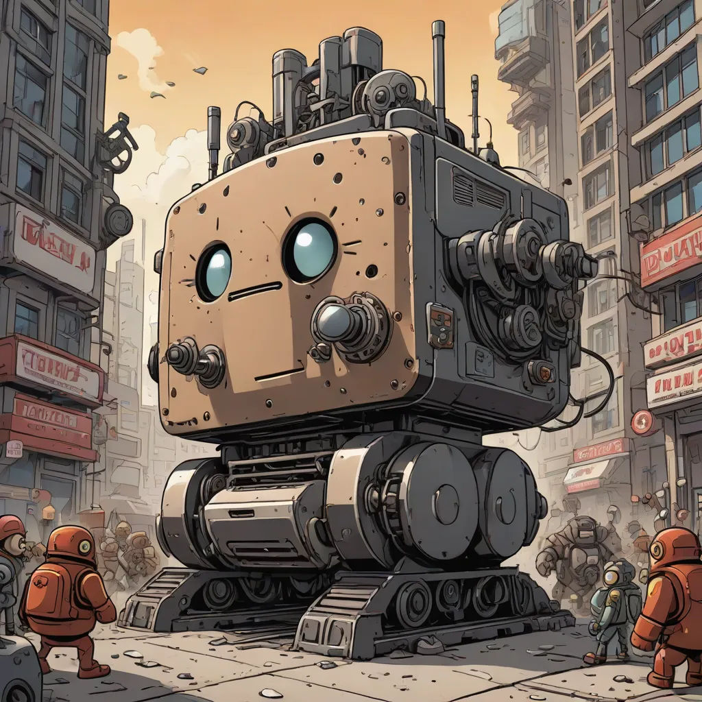a robot is standing in the middle of a city street with people walking around it and a man in a red suit is standing next to it, Chris LaBrooy, les automatistes, cyberpunk art, robot