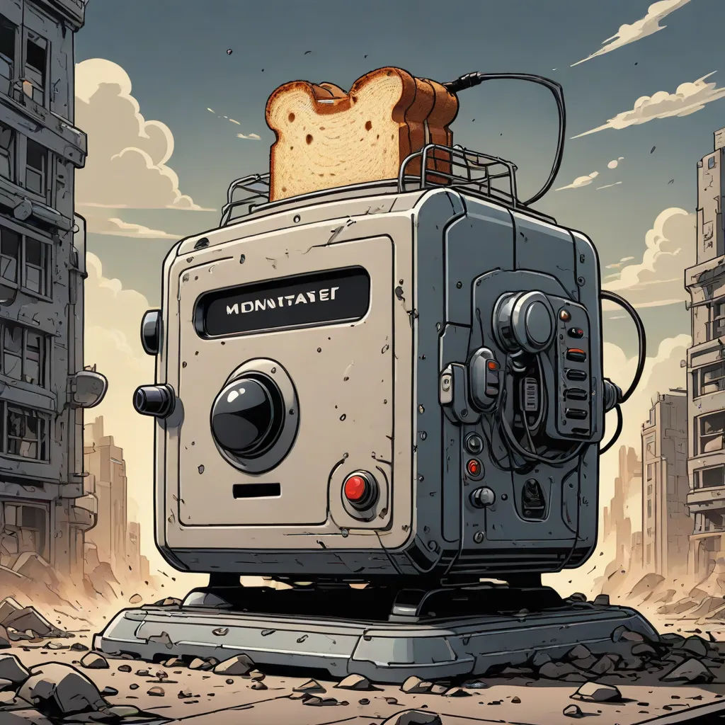 a toasted sandwich sitting on top of a machine in a city street with buildings in the background and a sky background, Beeple, les automatistes, cyberpunk art, josan gonzales and dan mumford