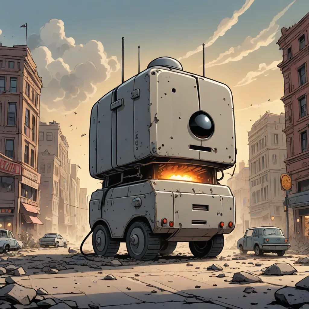 a cartoon of a robot on a city street with a car in the background and a building in the foreground, Chris LaBrooy, retrofuturism, concept art, promotional image