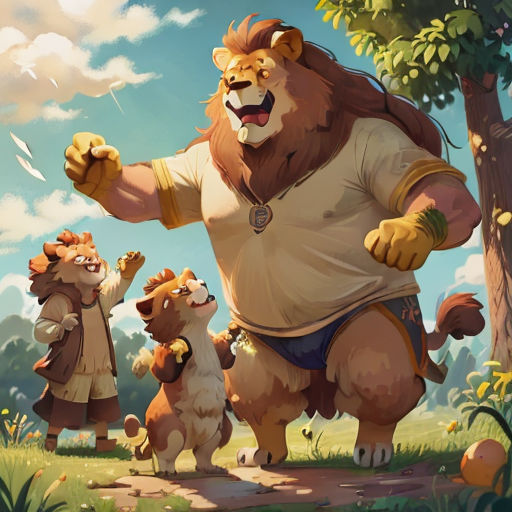 a cartoon of a man with a lion and two dogs in a forest with trees and clouds in the background