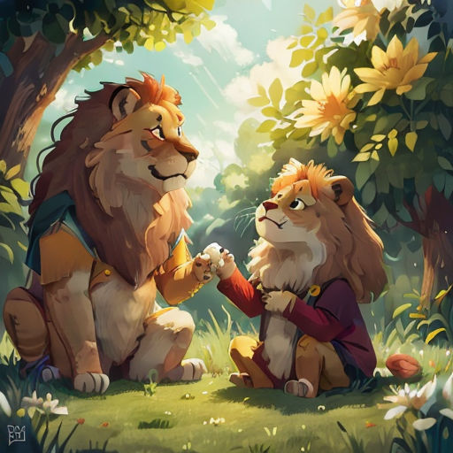 a couple of lions sitting next to each other on a field of grass and trees with sunflowers