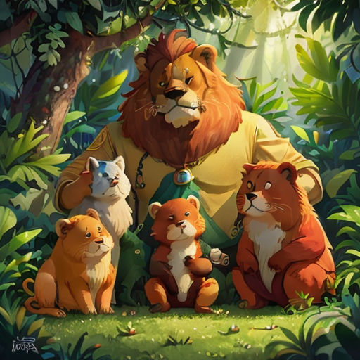 a lion and his cubs are sitting in the grass in front of a forest background with trees and bushes