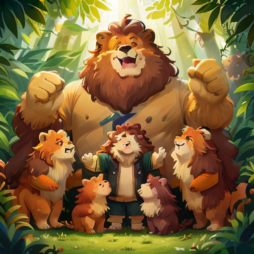 a group of animals standing next to each other in a forest with a giant bear in the background and a man holding a knife