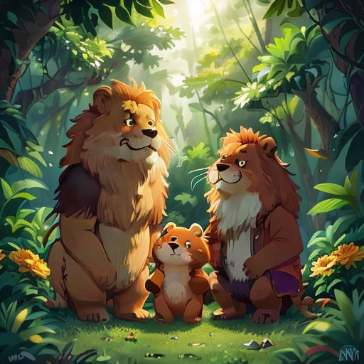 a group of animals standing in the middle of a forest with trees and plants around them, with sunlight shining through the trees