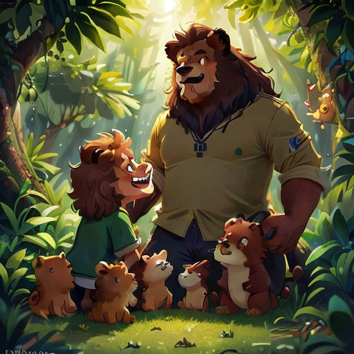a man standing next to a group of bears in a forest with a baby bear on his lap and a man holding a baby bear
