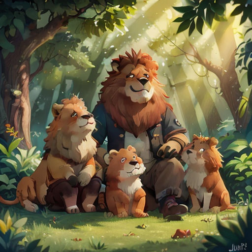 a group of animals sitting in the middle of a forest with trees and leaves on the ground, with sunlight streaming through the trees