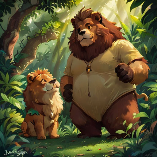 a lion and a lion cub standing in the jungle together, with a man in a yellow shirt behind them