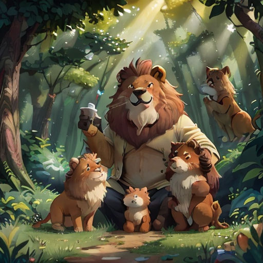 a man sitting on a forest floor surrounded by animals and a bear holding a beer bottle in his hand