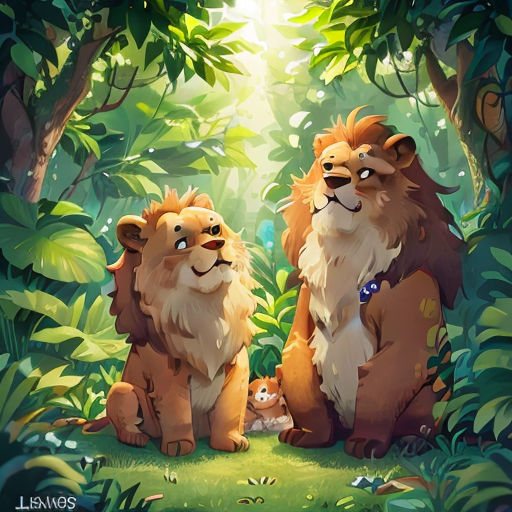 two lions sitting in the middle of a forest with a baby bear in the middle of the forest, and a baby bear in the middle of the forest