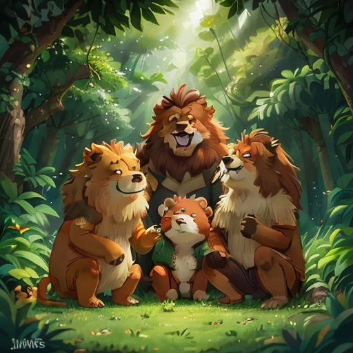 a group of animals standing in the middle of a forest with trees and bushes behind them, with a light shining through the trees
