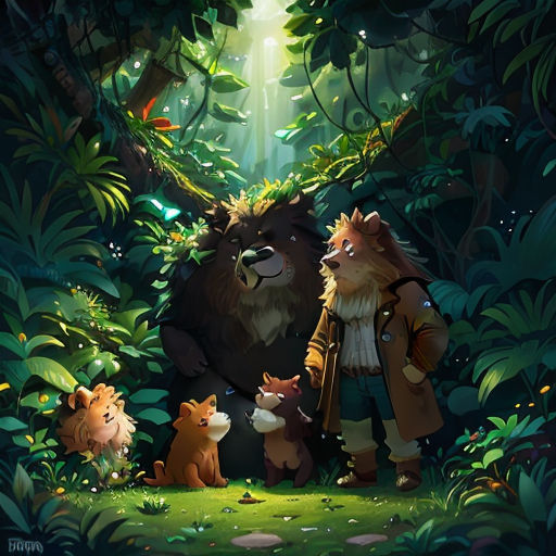 a group of animals standing in a forest next to a forest floor with a light shining on them and a man standing next to them