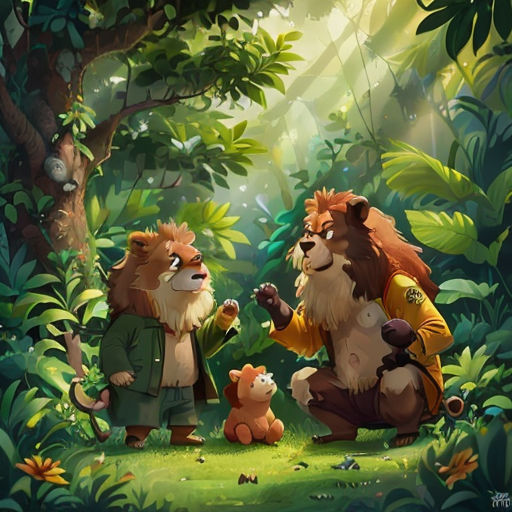 a couple of animals that are in the grass near trees and bushes, with a bear and a bear cub