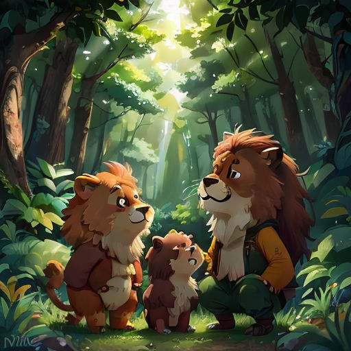 a couple of animals standing in the middle of a forest with trees and bushes behind them, with a light shining through the trees