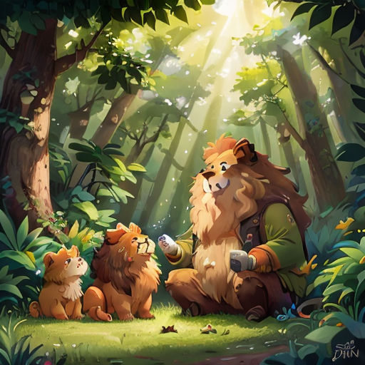 a painting of a forest with a bear and two kittens sitting on the ground and a sunbeam