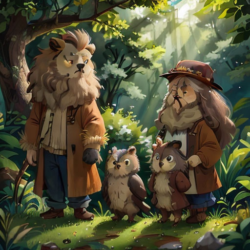 a group of people standing in the woods with animals around them, with a forest background and trees in the background