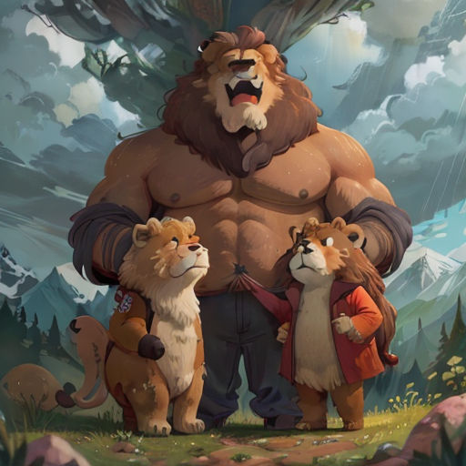 a man standing next to two bears and a bear cub in a forest with a sky background and clouds