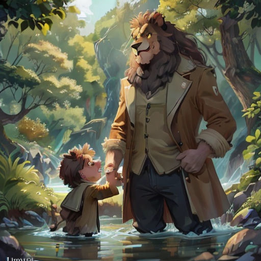 a man and a child are standing in a river with a lion on his back and a lion on his shoulder