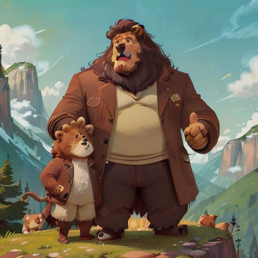 a bear and a bear cub standing on a hill with mountains in the background and a sky with clouds