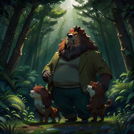 a man with a bear mask and two dogs in the woods with sunlight streaming through the trees behind him