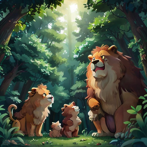 a group of animals in a forest with sunlight coming through the trees and leaves on the ground, with a lion and two cubs in the foreground
