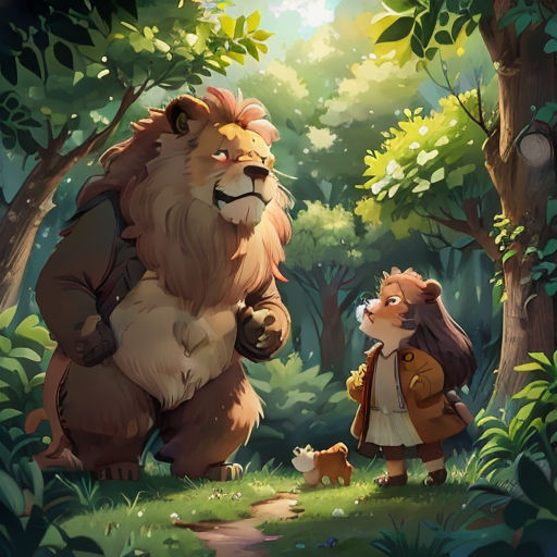 a cartoon of a bear and a girl in the woods with a dog looking at each other and a bear holding a bag