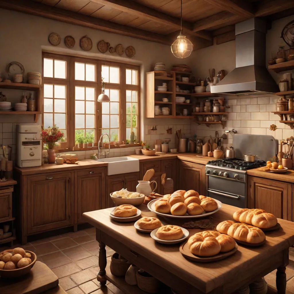 a kitchen with a table full of bread on it and a stove top oven in the corner of the room, photorealism, a detailed matte painting, Evgeny Lushpin, unreal engine 5 highly rendered