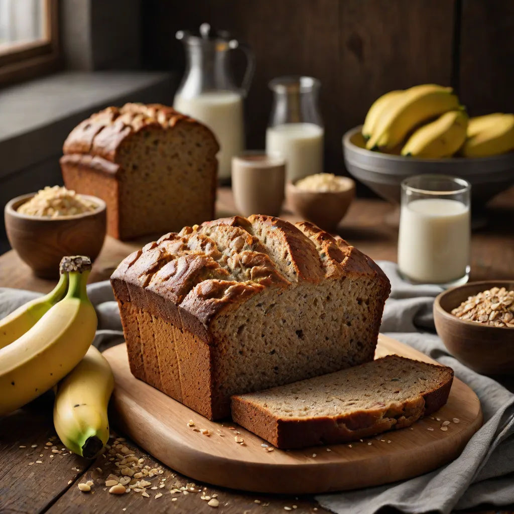 a loaf of bread sitting on top of a wooden table next to bananas and other foods on a table, photorealism, a stock photo, Christian Hilfgott Brand, professional food photography