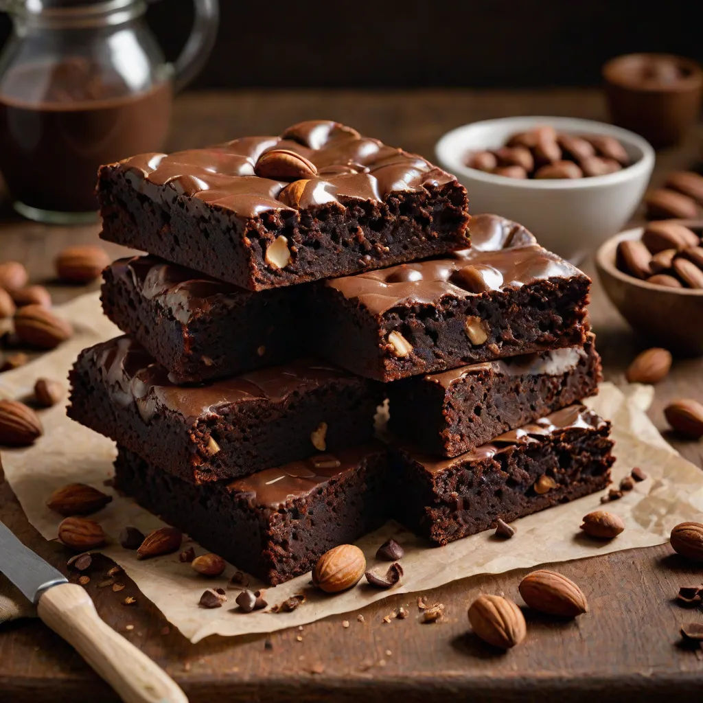 a stack of brownies with nuts on a cutting board next to a bowl of chocolate and a knife, superflat, a 3D render, Bouchta El Hayani, professional food photography