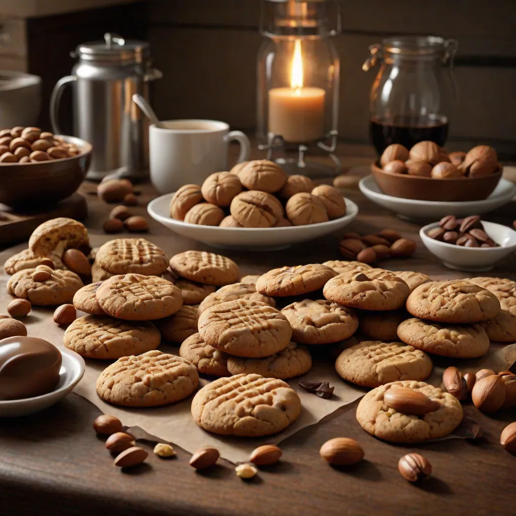 a table topped with lots of cookies and nuts next to a cup of coffee and a candle on top of a table, photorealism, a still life, Clara Peeters, food photography
