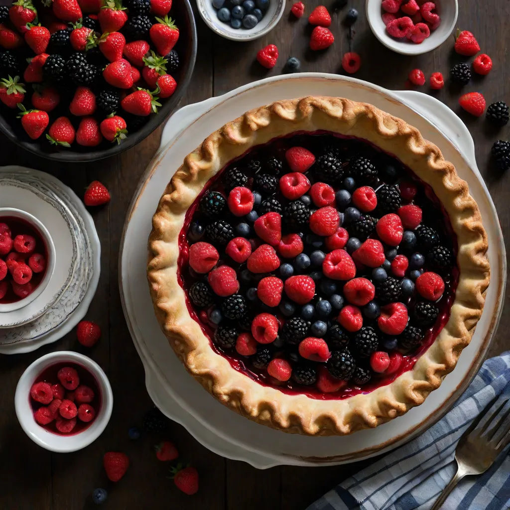 a pie with berries and blueberries on a table with other desserts and forks and bowls of berries, precisionism, a still life, Dennis Ashbaugh, professional food photography