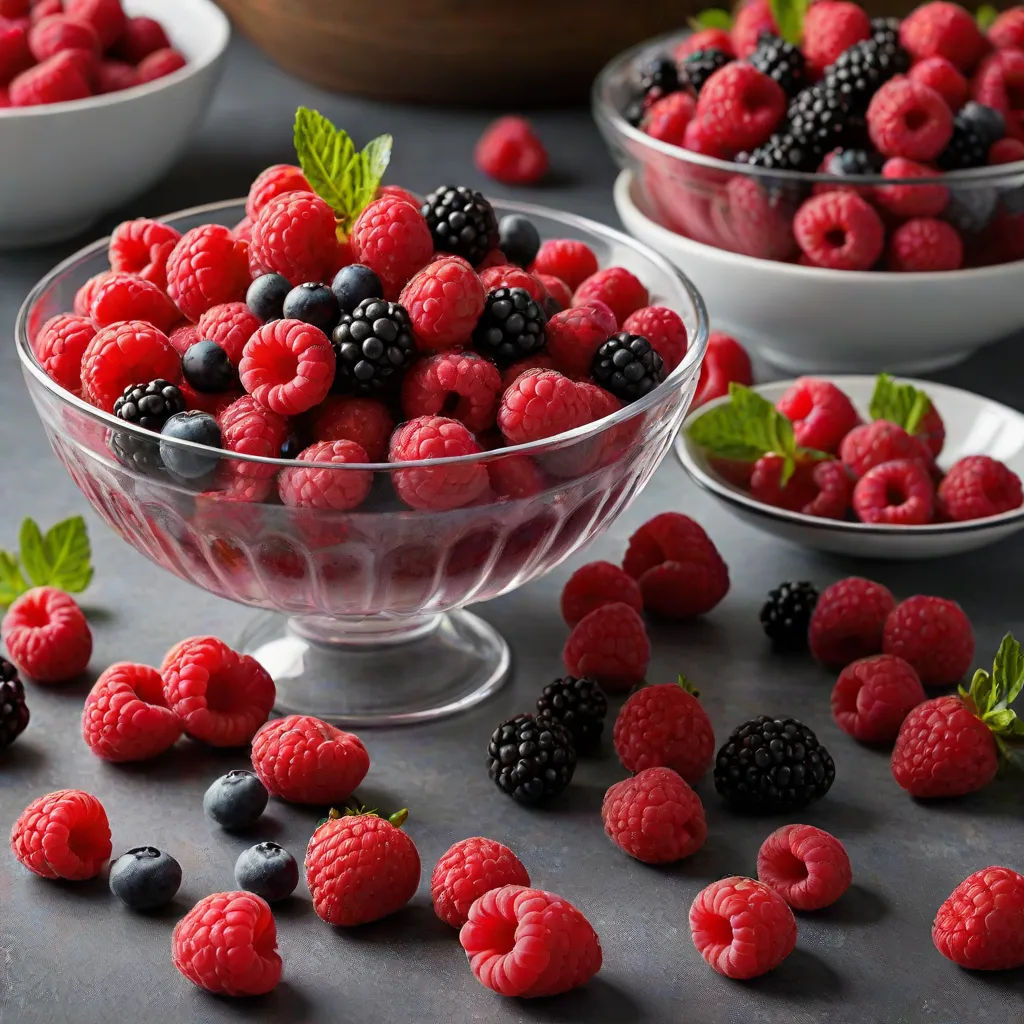 a bowl of raspberries and blackberries on a table with other bowls of berries and mint leaves, color field, a stock photo, Boetius Adamsz Bolswert, berries