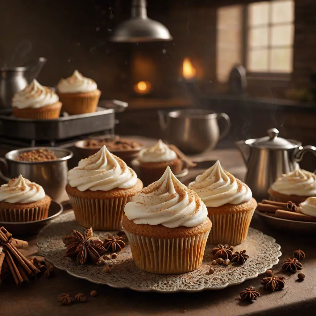 a table topped with cupcakes and cinnamons on top of a plate next to a pot of cinnamon, photorealism, a photorealistic painting, Clara Peeters, food photography