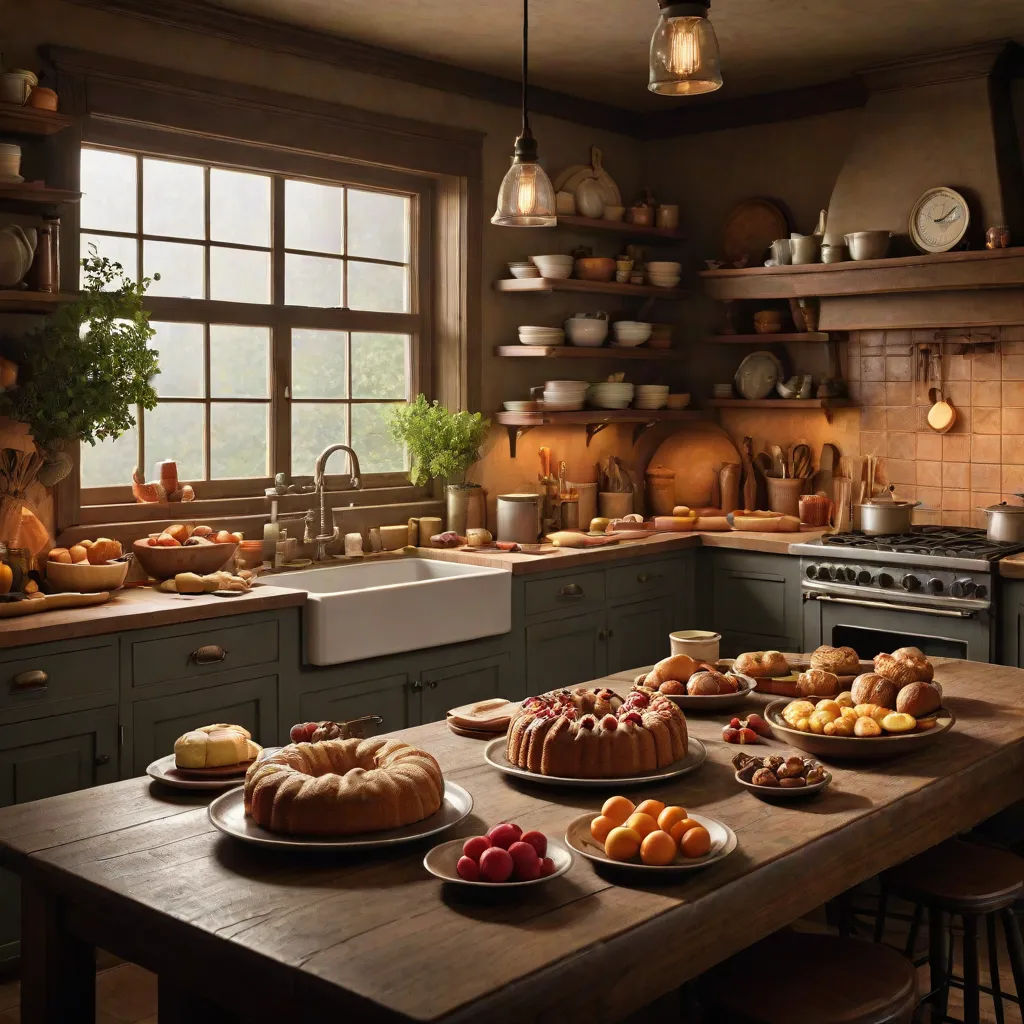 a kitchen with a table full of food and a sink with a window in the background and a window over the sink, photorealism, a photorealistic painting, Evgeny Lushpin, unreal engine 5 highly rendered