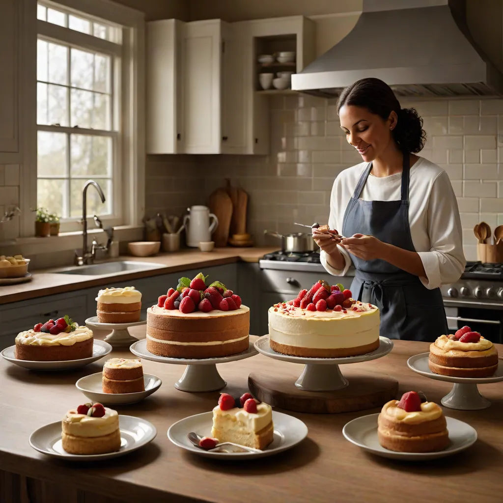 a woman standing in a kitchen next to a counter with cakes on it and a cell phone in her hand, arabesque, a stock photo, Amy Weber, promotional image